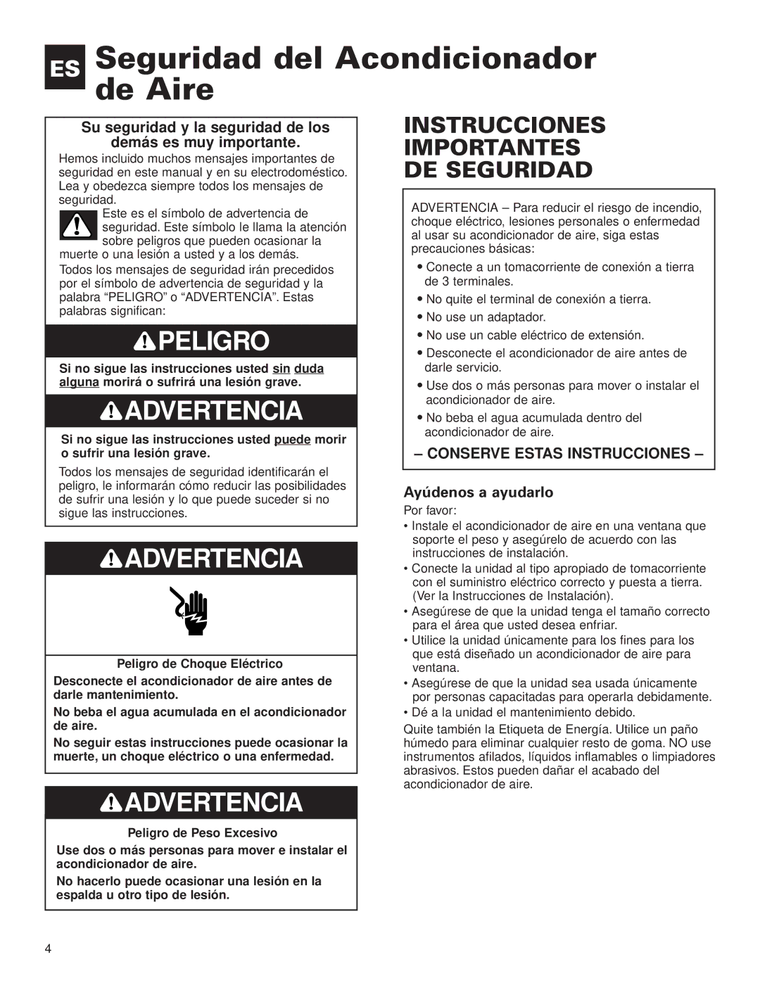 Whirlpool ACG052XJ0 manual ES Seguridad del Acondicionador de Aire, Ayúdenos a ayudarlo, Peligro de Peso Excesivo 