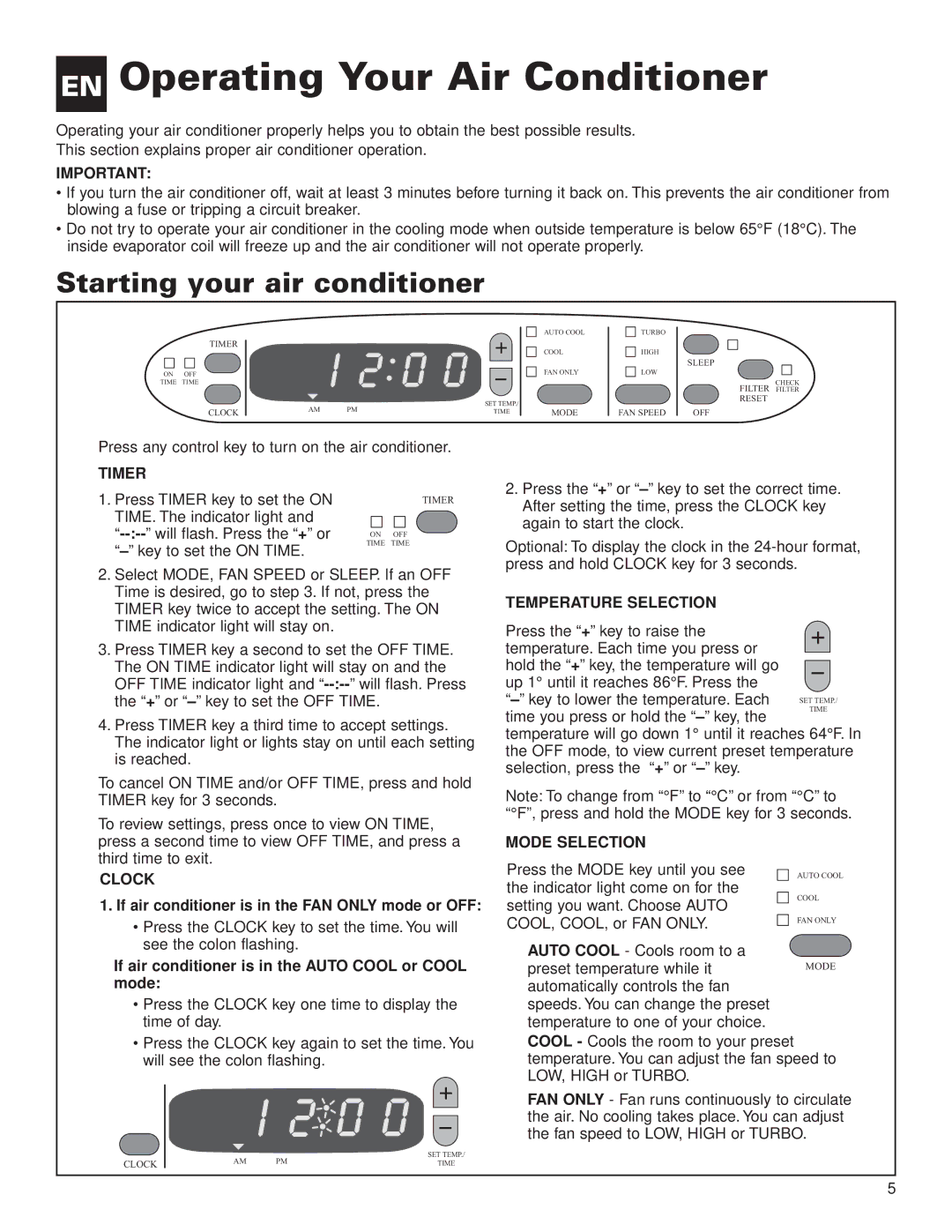 Whirlpool ACG052XJ0 manual EN Operating Your Air Conditioner, Starting your air conditioner 