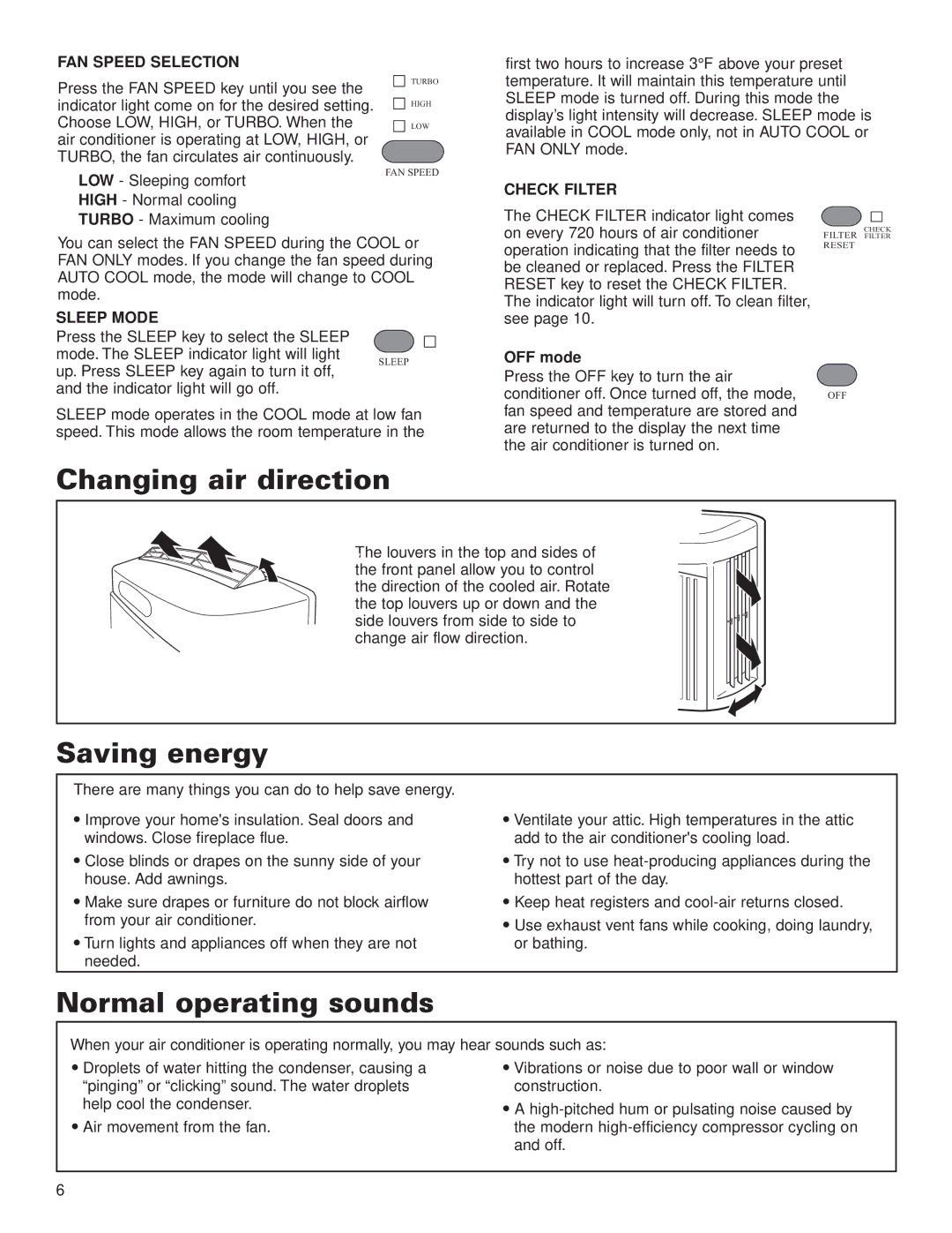 Whirlpool ACG052XJ0 manual Changing air direction, Saving energy, Normal operating sounds 