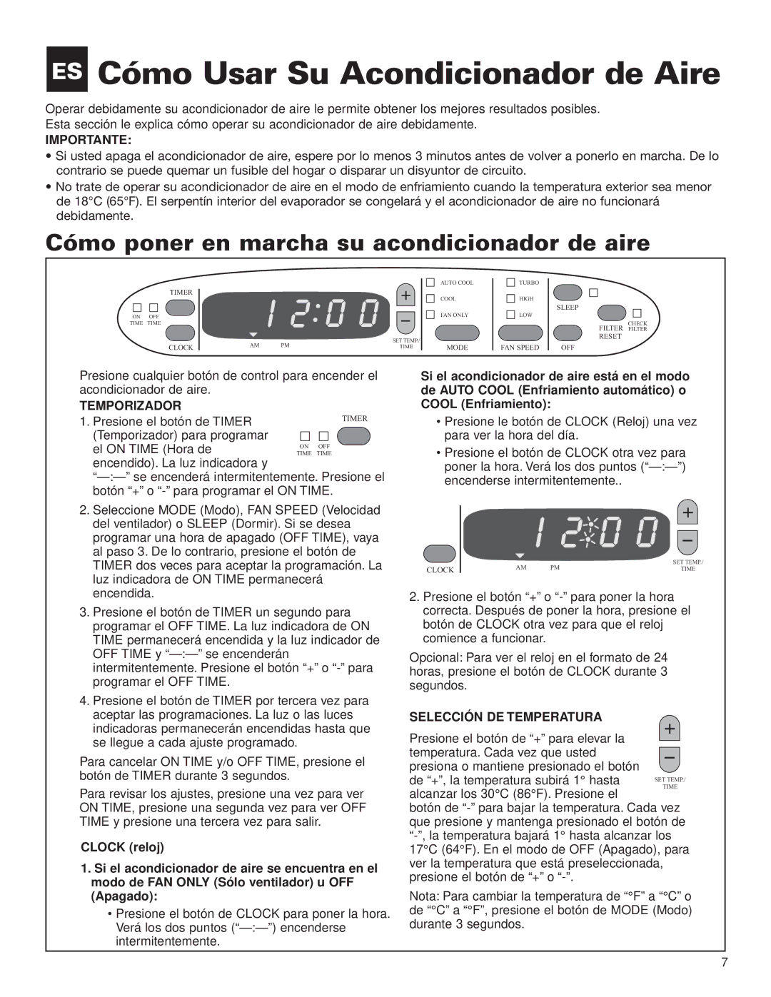 Whirlpool ACG052XJ0 ES Cómo Usar Su Acondicionador de Aire, Cómo poner en marcha su acondicionador de aire, Importante 