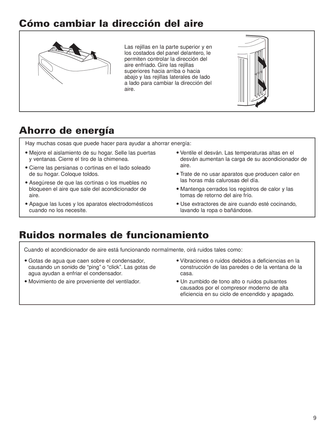 Whirlpool ACG052XJ0 manual Cómo cambiar la dirección del aire, Ahorro de energía, Ruidos normales de funcionamiento 