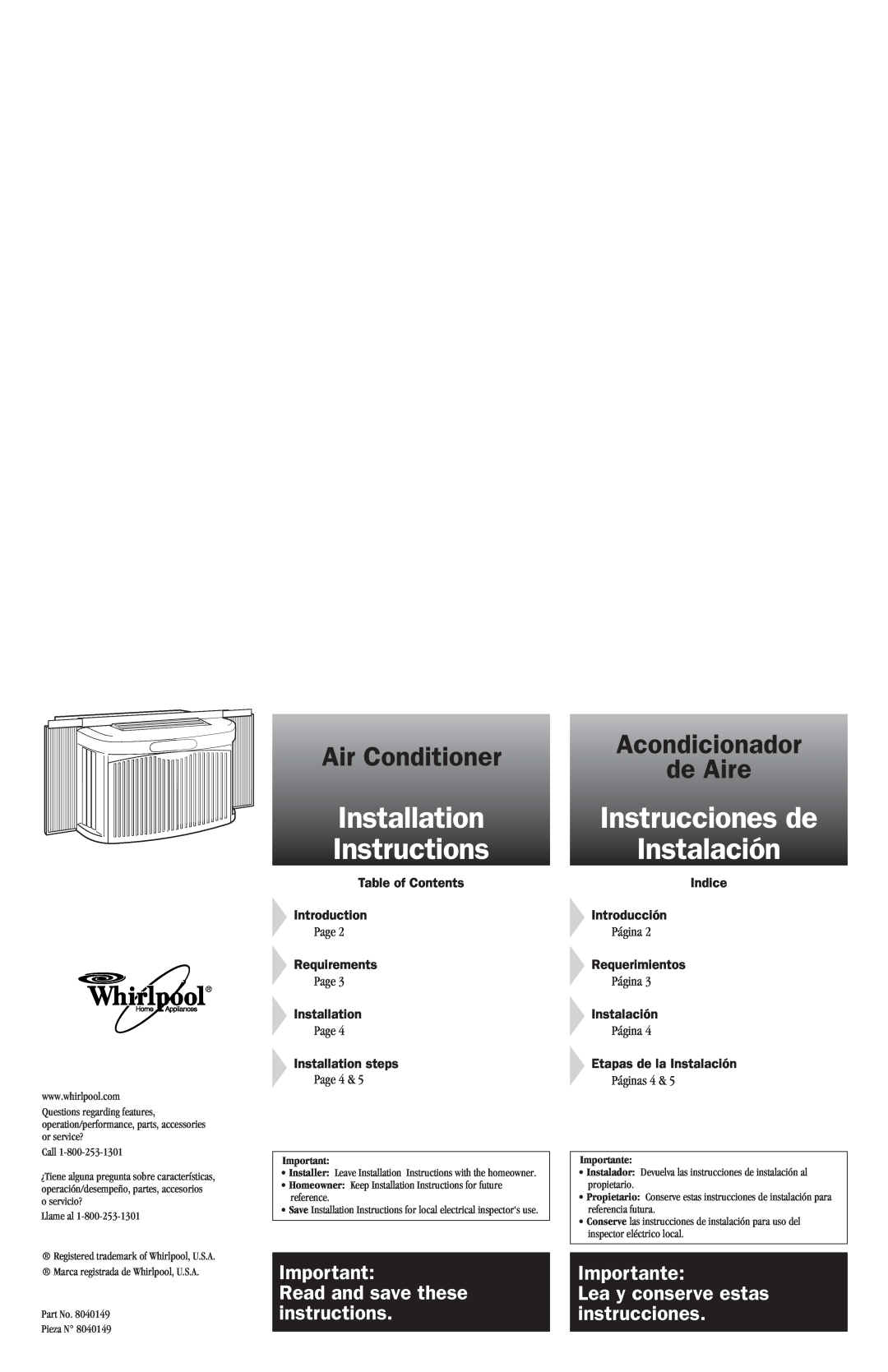 Whirlpool ACG052XJ0 Table of Contents Introduction, Requirements, Installation steps, Indice Introducción, Instalación 