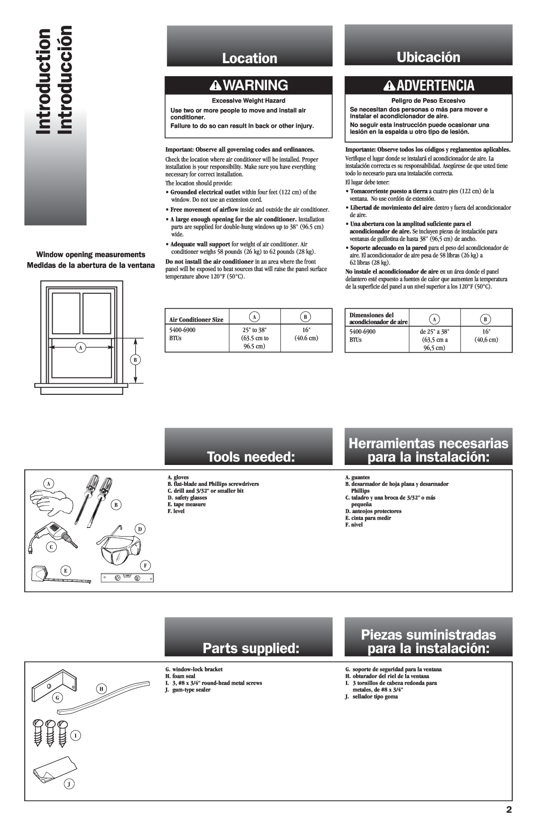 Whirlpool ACG052XJ0 manual Introduction, Introducción, Location, Ubicación, Tools needed, Parts supplied, Advertencia 
