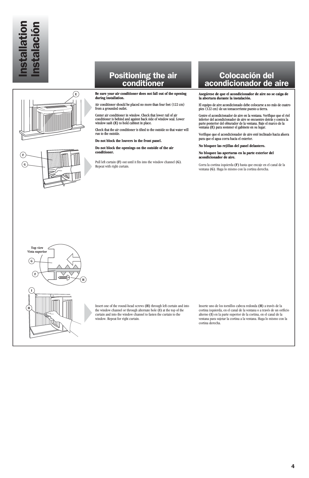 Whirlpool ACG052XJ0 Installation, Instalación, Positioning the air conditioner, Colocación del acondicionador de aire 