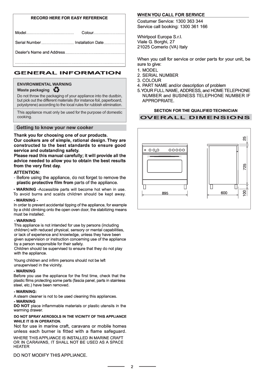 Whirlpool ACG902IX manual Getting to know your new cooker, General Information, Thank you for choosing one of our products 
