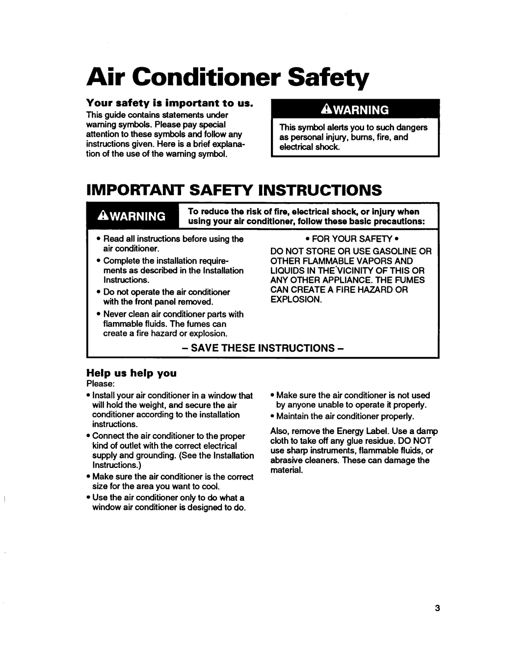 Whirlpool ACH082XD0 warranty Air Conditioner, Safety, Your safety is important to us, Help us help you 