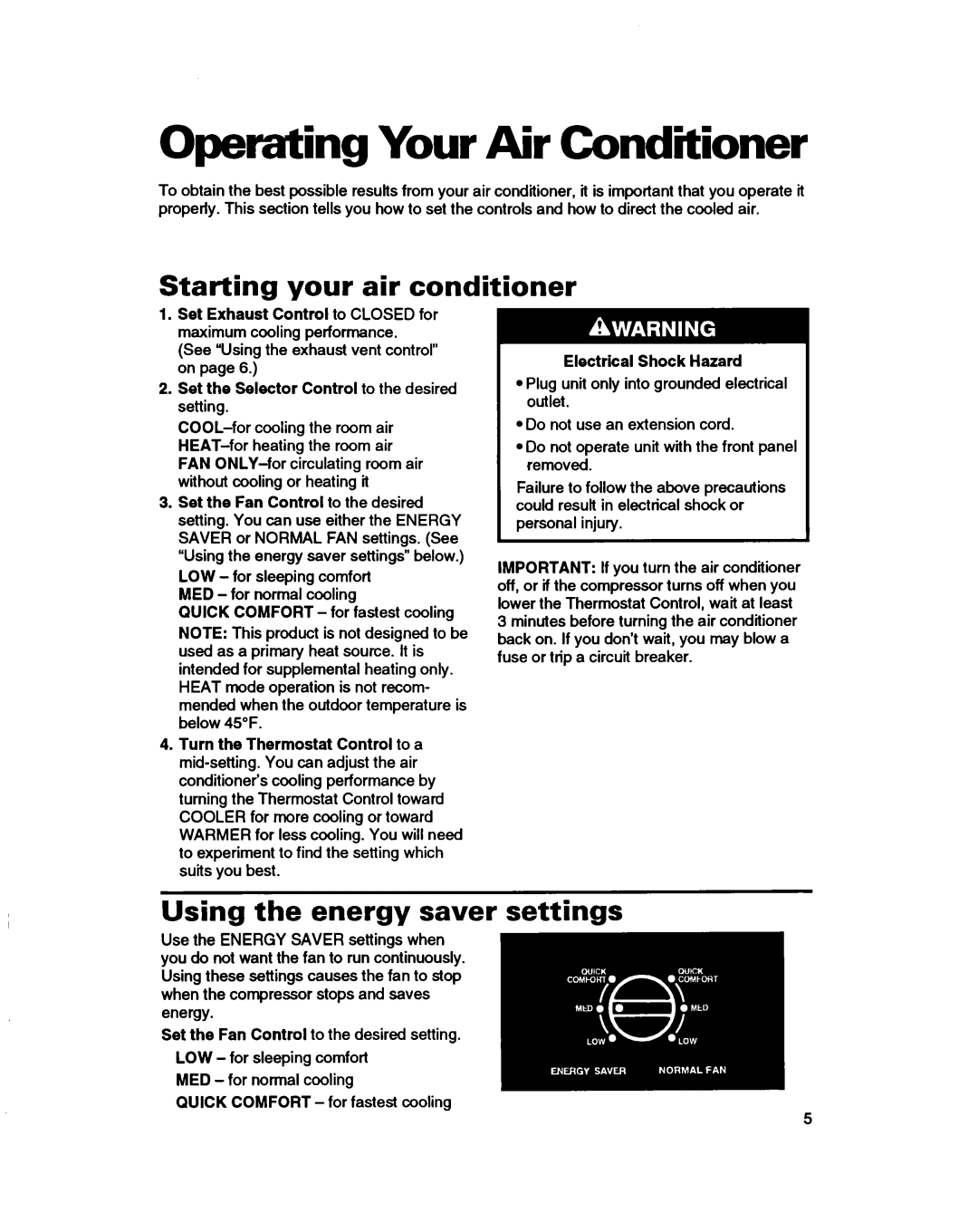 Whirlpool ACH082XD0 warranty Operating Your Air Conditioner, Starting your air conditioner, Using the energy saver settings 