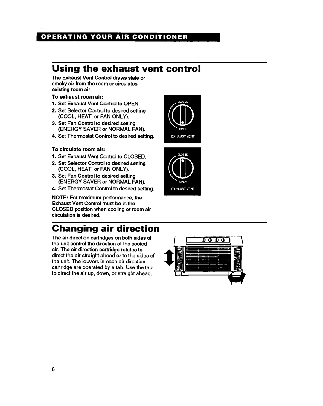 Whirlpool ACH082XD0 Using the exhaust vent control, Changing air directiol, To exhaust room alr, To circulate room air 