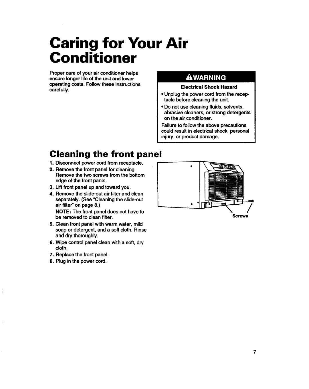 Whirlpool ACH082XD0 warranty Caring for Your Air Conditioner, Cleaning the front panel, Electrical Shock Hazard 