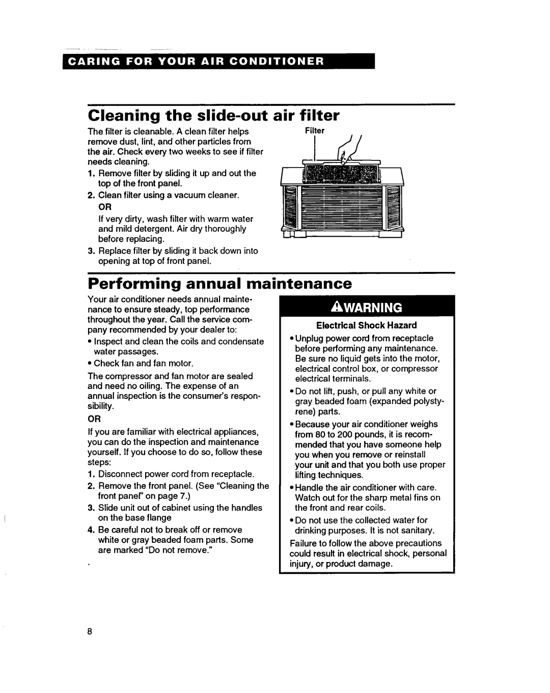 Whirlpool ACH082XD0 warranty Cleaning the slide-out, air filter, Performing annual maintenance, Electrical Shock Hazard 
