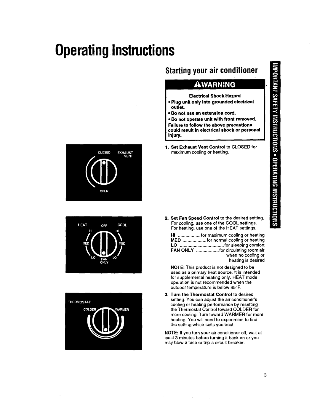 Whirlpool ACH102, ACH122, ACH082, ACH184 manual Operating.lnstructions, Starting your air conditioner 