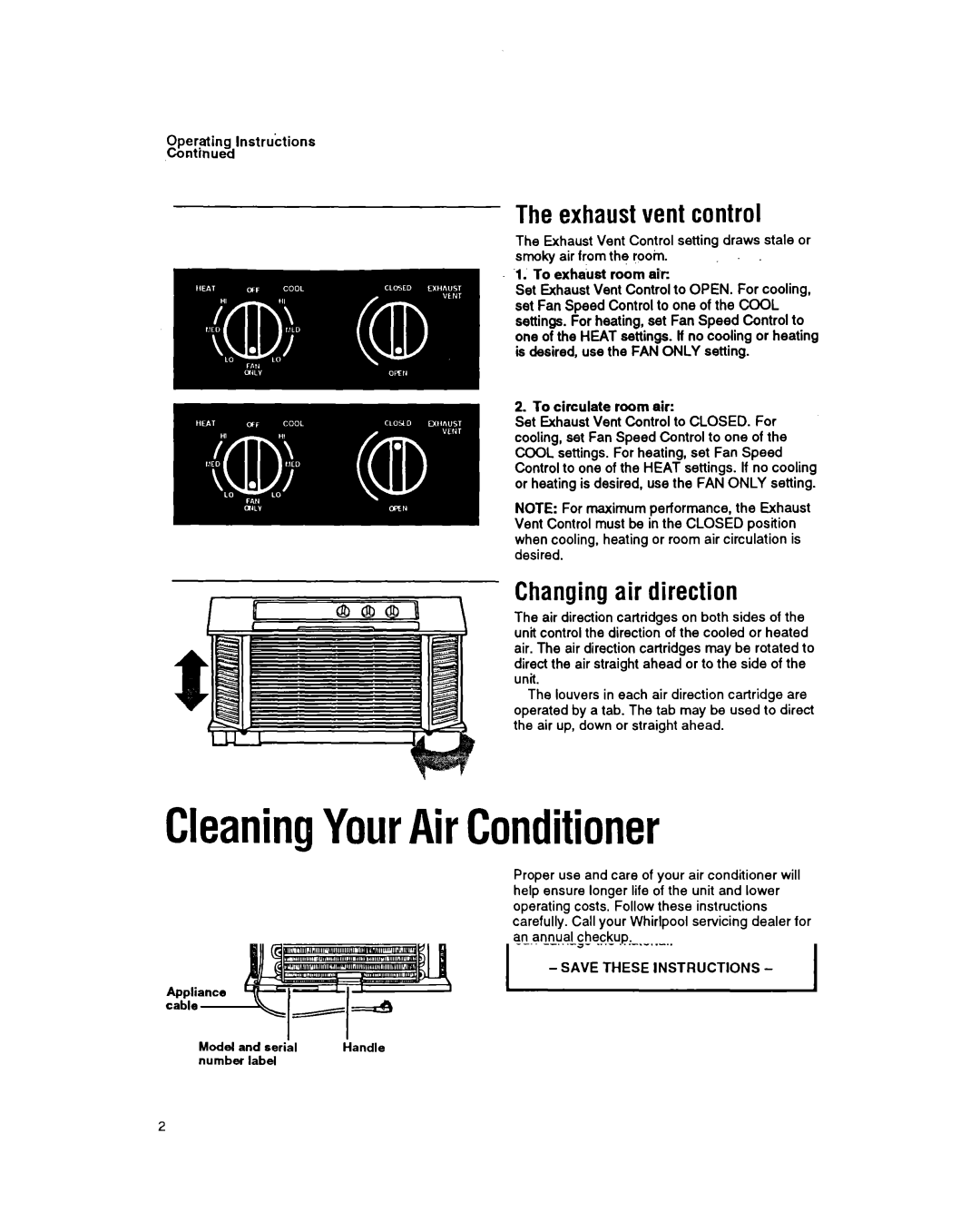 Whirlpool ACH122, ACH082, ACH184, ACH102 manual CleaningYourAirConditioner, Exhaust vent control, Changing air direction 