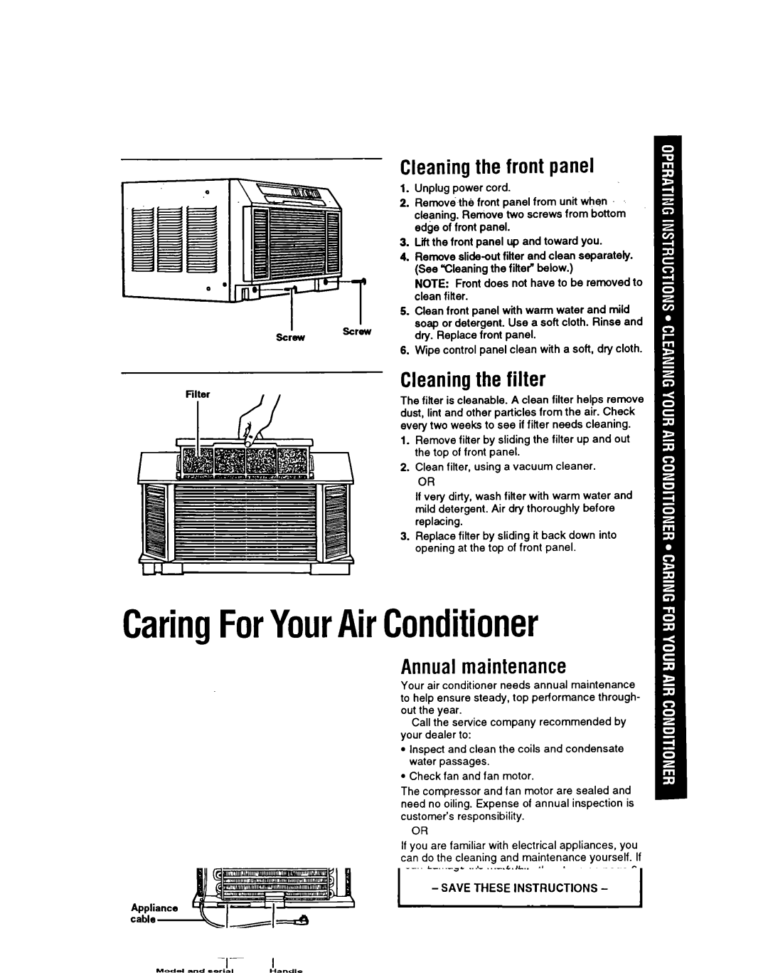 Whirlpool ACH082, ACH122 CaringForYourAirConditioner, Cleaning the front panel, ’ Cleaning the filter, Annual maintenance 