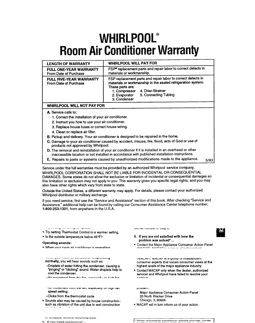 Whirlpool ACH122, ACH082, ACH184, ACH102 manual Whirlpool, RoomAirConditionerWarranty 