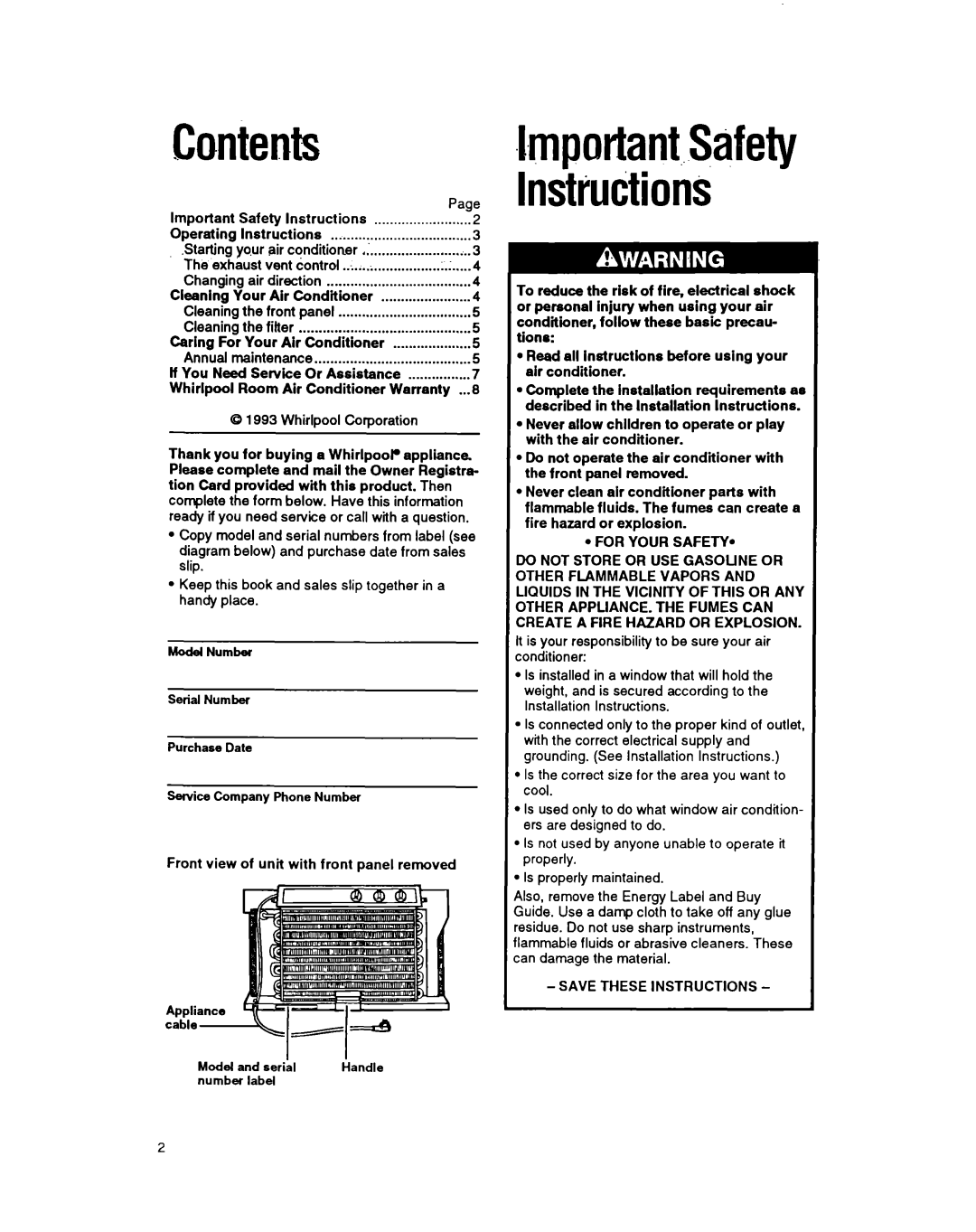 Whirlpool ACH184, ACH122, ACH082, ACH102 manual Contents, hynportant..Safety InstiuCtionS 