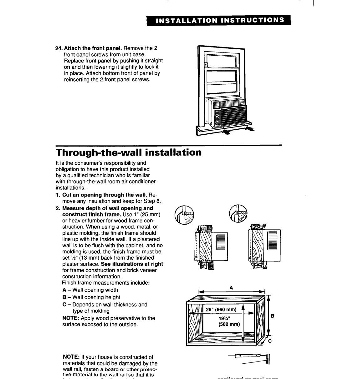 Whirlpool ACM244XE0, ACM 152XE0, ACM184XE0 important safety instructions Through-the-wall installation 