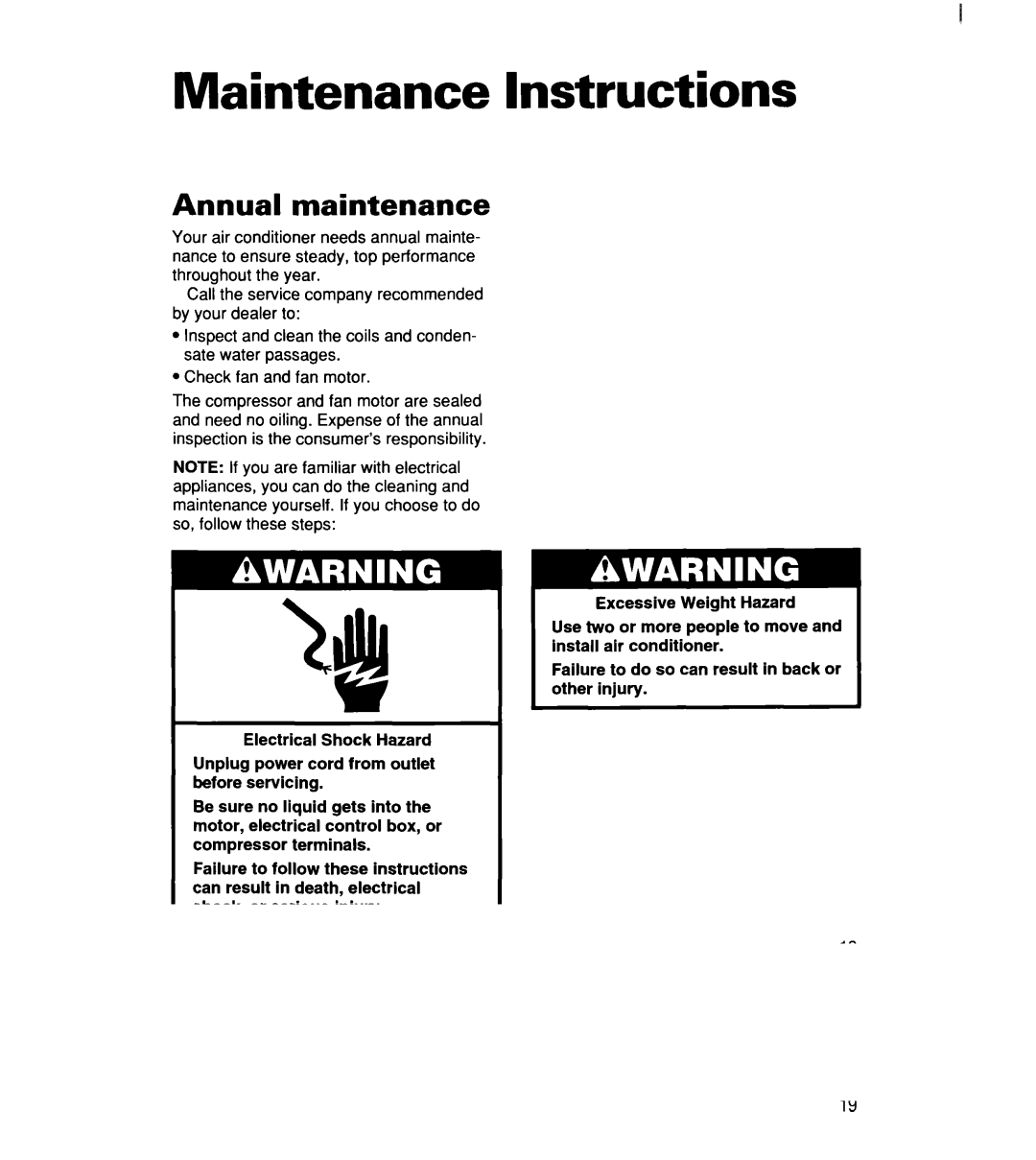 Whirlpool ACM184XE0, ACM 152XE0, ACM244XE0 important safety instructions Maintenance Instructions, Annual maintenance 