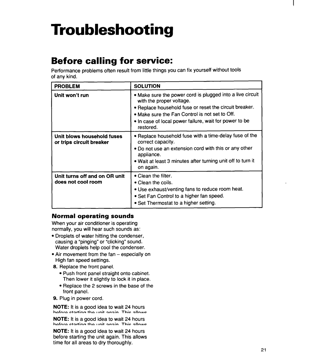 Whirlpool ACM184XE0, ACM 152XE0, ACM244XE0 Troubleshooting, Before calling for service, Normal operating sounds 