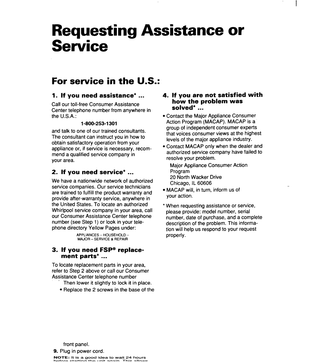 Whirlpool ACM 152XE0, ACM244XE0, ACM184XE0 Requesting Assistance or Service, For service in the U.S 