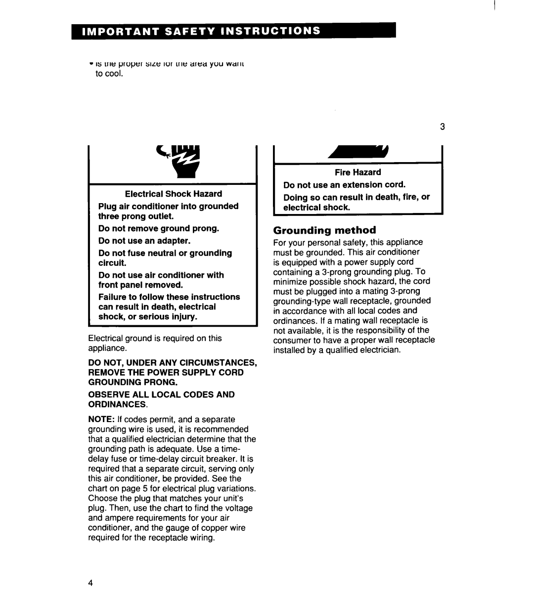 Whirlpool ACM244XE0, ACM 152XE0, ACM184XE0 important safety instructions Electrical requirements, Grounding method 