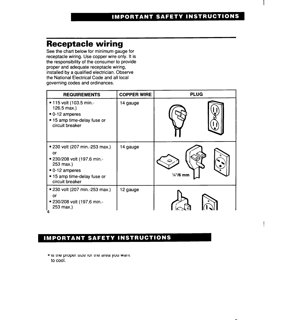 Whirlpool ACM184XE0, ACM 152XE0, ACM244XE0 important safety instructions Receptacle wiring, Plug 