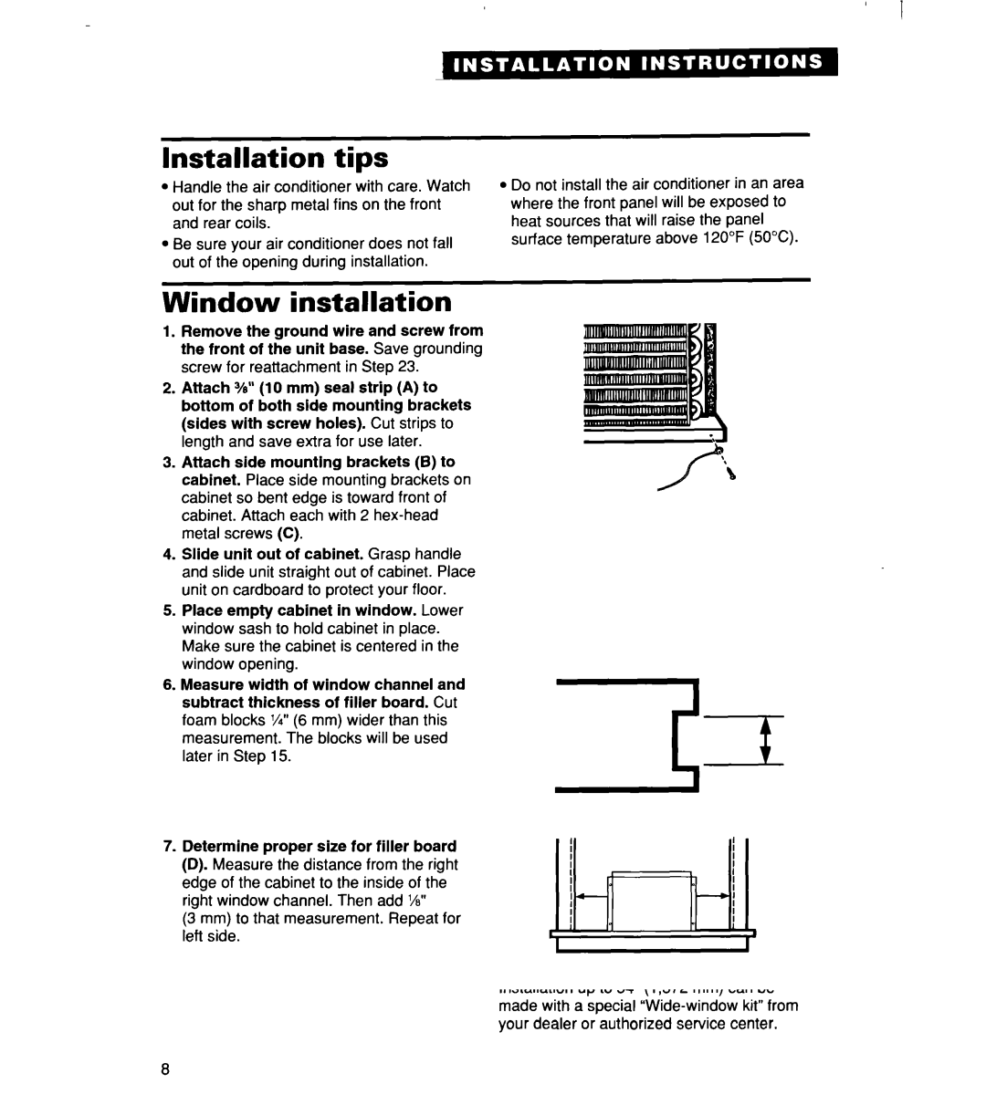 Whirlpool ACM 152XE0, ACM244XE0, ACM184XE0 important safety instructions Installation tips, Window installation 