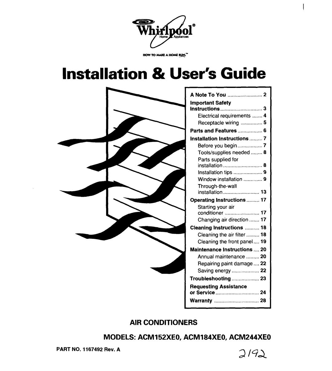 Whirlpool ACM244XE0, ACM 152XE0, ACM184XE0 important safety instructions Installation & User’s Guide, Air Conditioners 