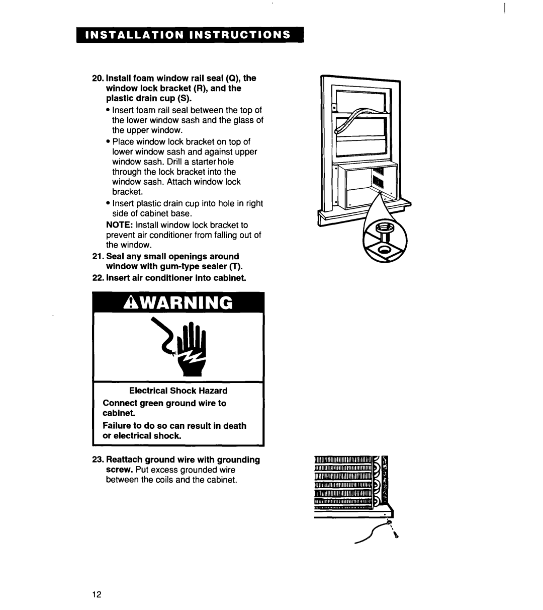 Whirlpool ACM 152XE0, ACM244XE0, ACM184XE0 important safety instructions insert air conditioner into cabinet 