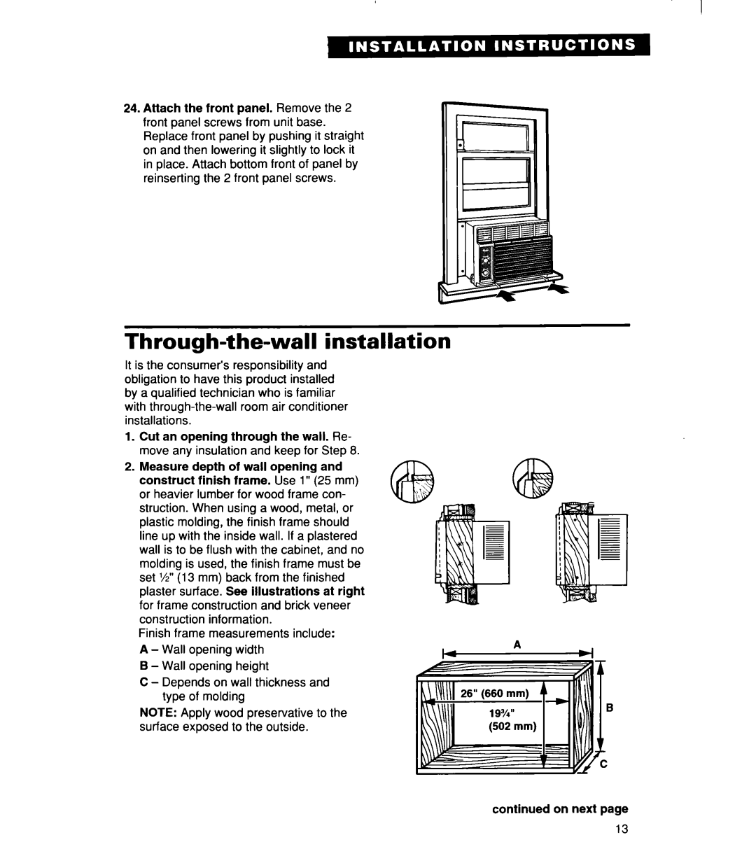 Whirlpool ACM244XE0, ACM 152XE0, ACM184XE0 important safety instructions Through-the-wallinstallation 