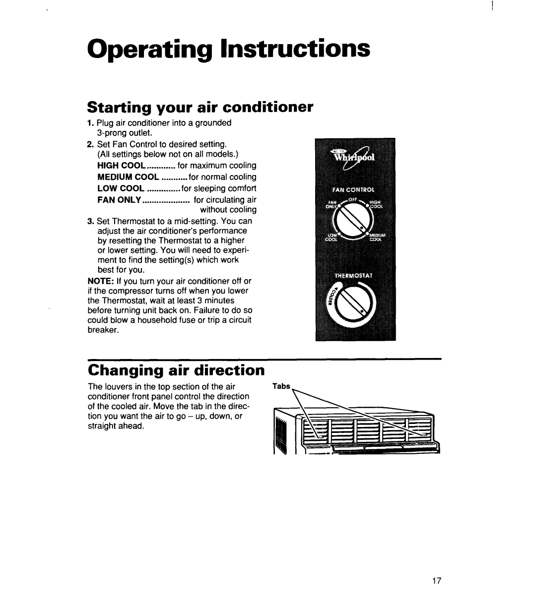 Whirlpool ACM184XE0, ACM 152XE0, ACM244XE0 Operating Instructions, Starting your air conditioner, Changing air direction 