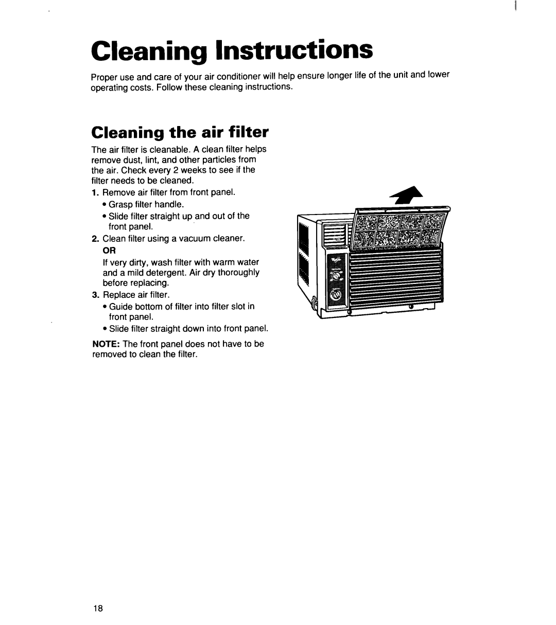 Whirlpool ACM 152XE0, ACM244XE0, ACM184XE0 important safety instructions Cleaning Instructions, Cleaning the air filter 