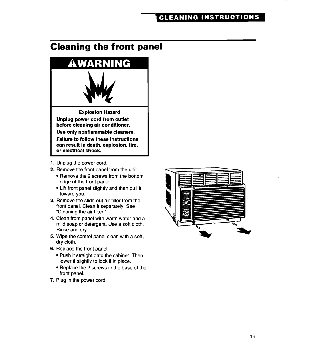 Whirlpool ACM244XE0, ACM 152XE0, ACM184XE0 important safety instructions Cleaning the front panel 