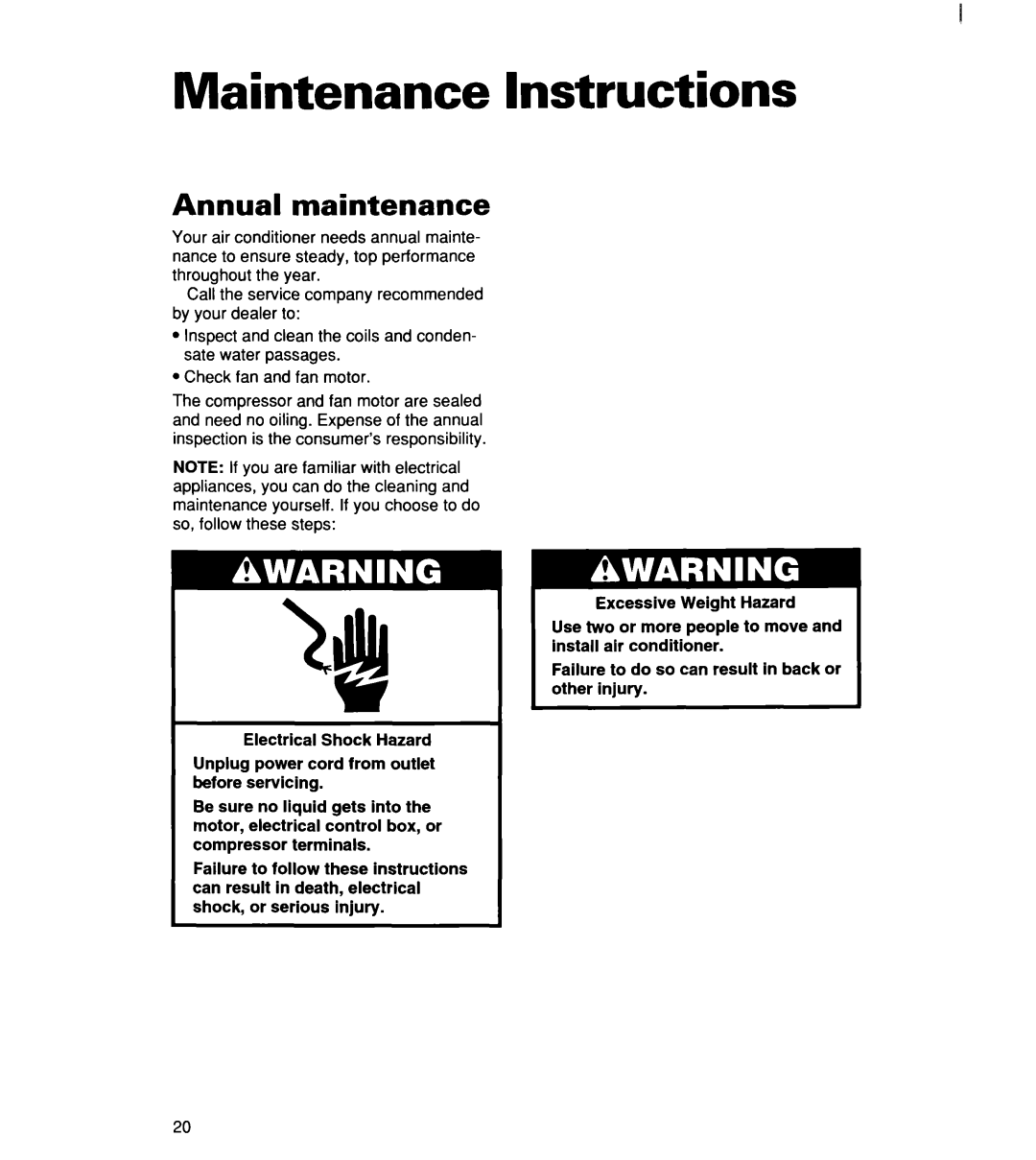Whirlpool ACM184XE0, ACM 152XE0, ACM244XE0 important safety instructions Maintenance Instructions, Annual maintenance 