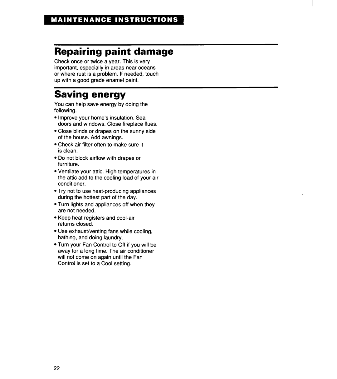 Whirlpool ACM244XE0, ACM 152XE0, ACM184XE0 important safety instructions Repairing paint damage, Saving energy 