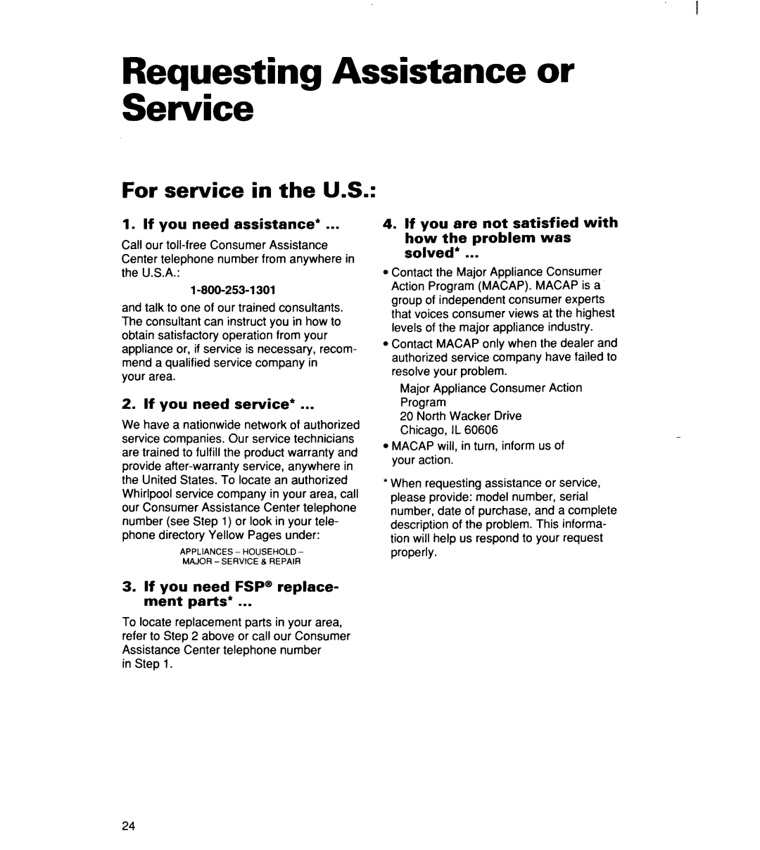 Whirlpool ACM 152XE0 Requesting Assistance or Service, For service in the U.S, If you need assistance, If you need service 