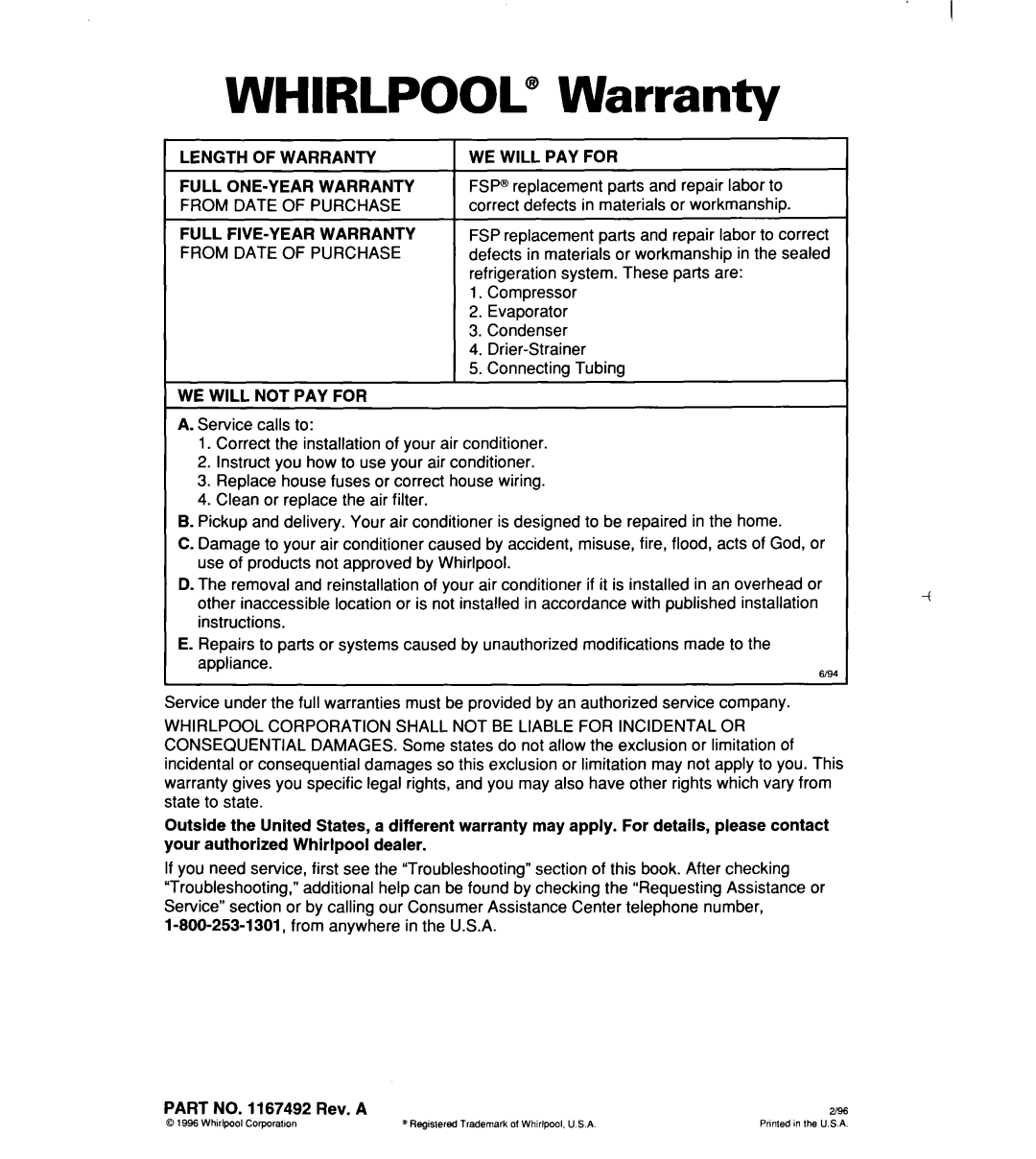 Whirlpool ACM244XE0, ACM 152XE0, ACM184XE0 important safety instructions WHIRLPOOL@ Warranty 