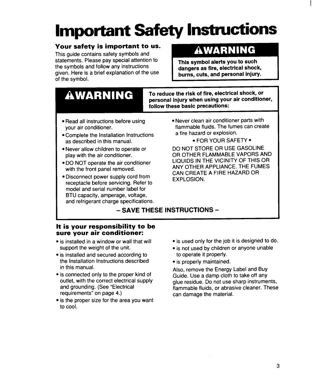 Whirlpool ACM 152XE0, ACM244XE0 Important Safbty Instructions, Your safety is important to us, Save These Instructions 