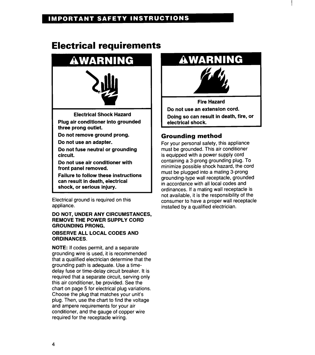 Whirlpool ACM244XE0, ACM 152XE0, ACM184XE0 important safety instructions Electrical requirements, Grounding method 
