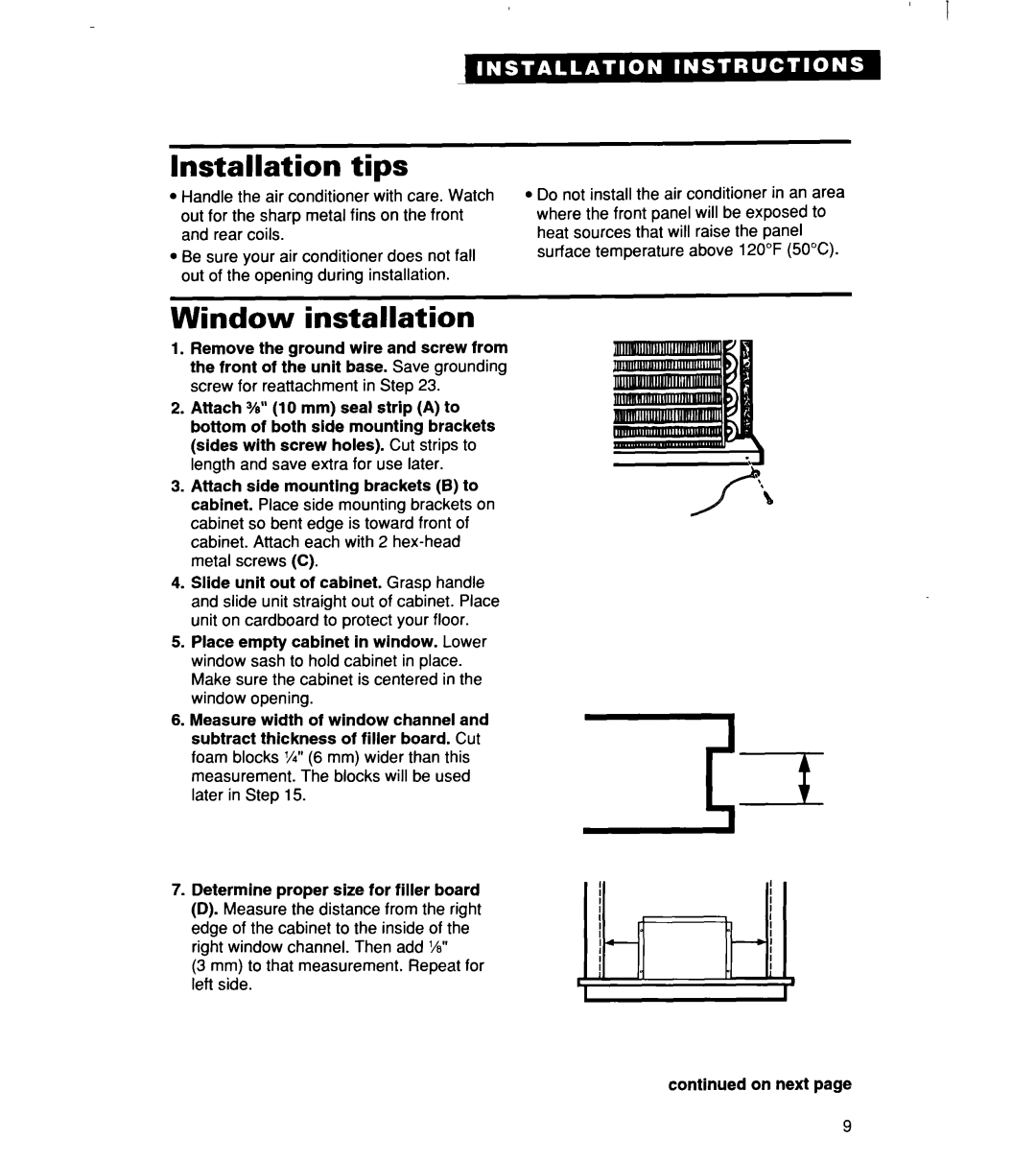 Whirlpool ACM 152XE0, ACM244XE0, ACM184XE0 important safety instructions Installation tips, Window installation, I I H 