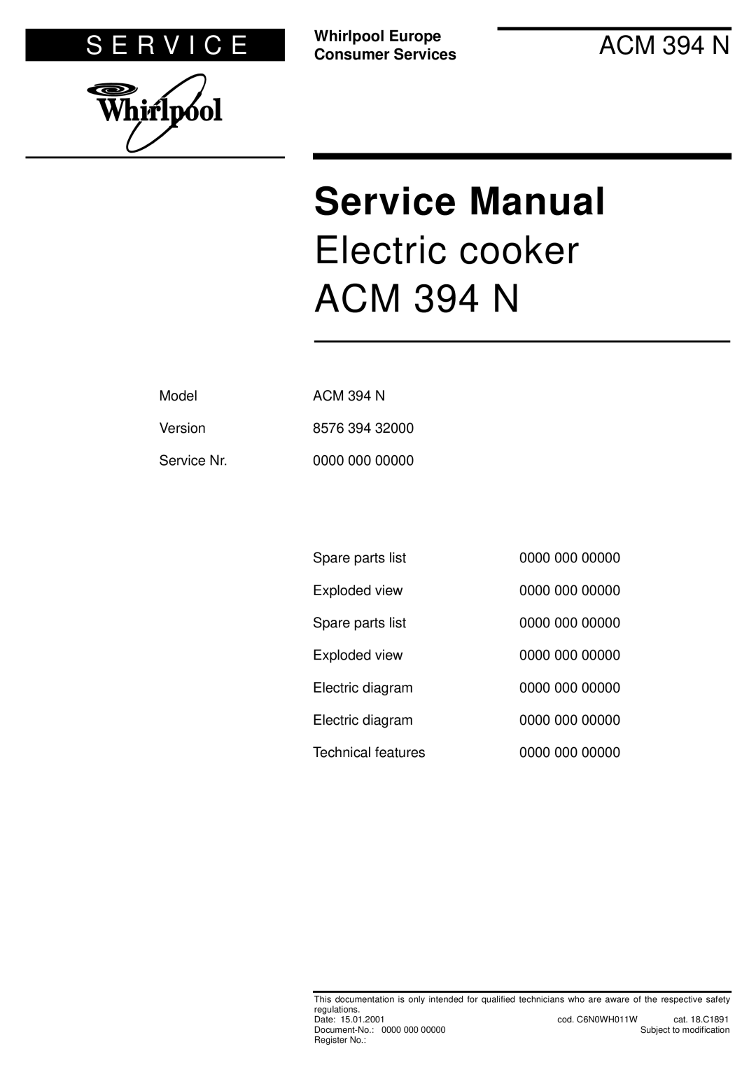 Whirlpool service manual Electric cooker ACM 394 N 