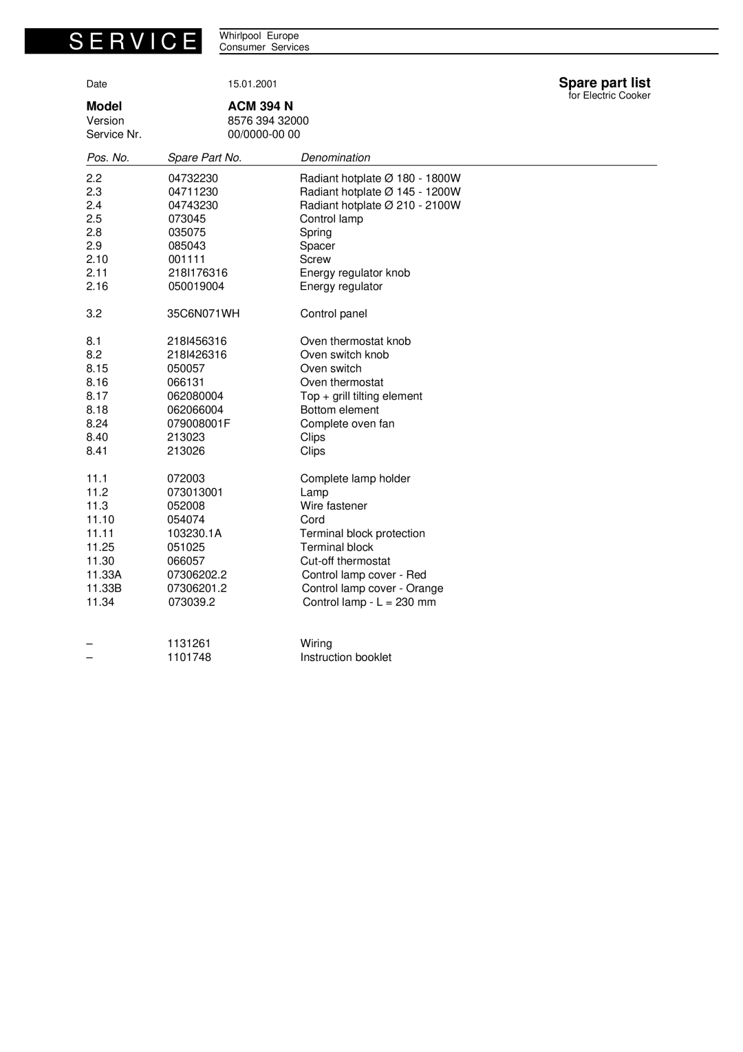 Whirlpool ACM 394 N service manual Radiant hotplate Ø 180 1800W 