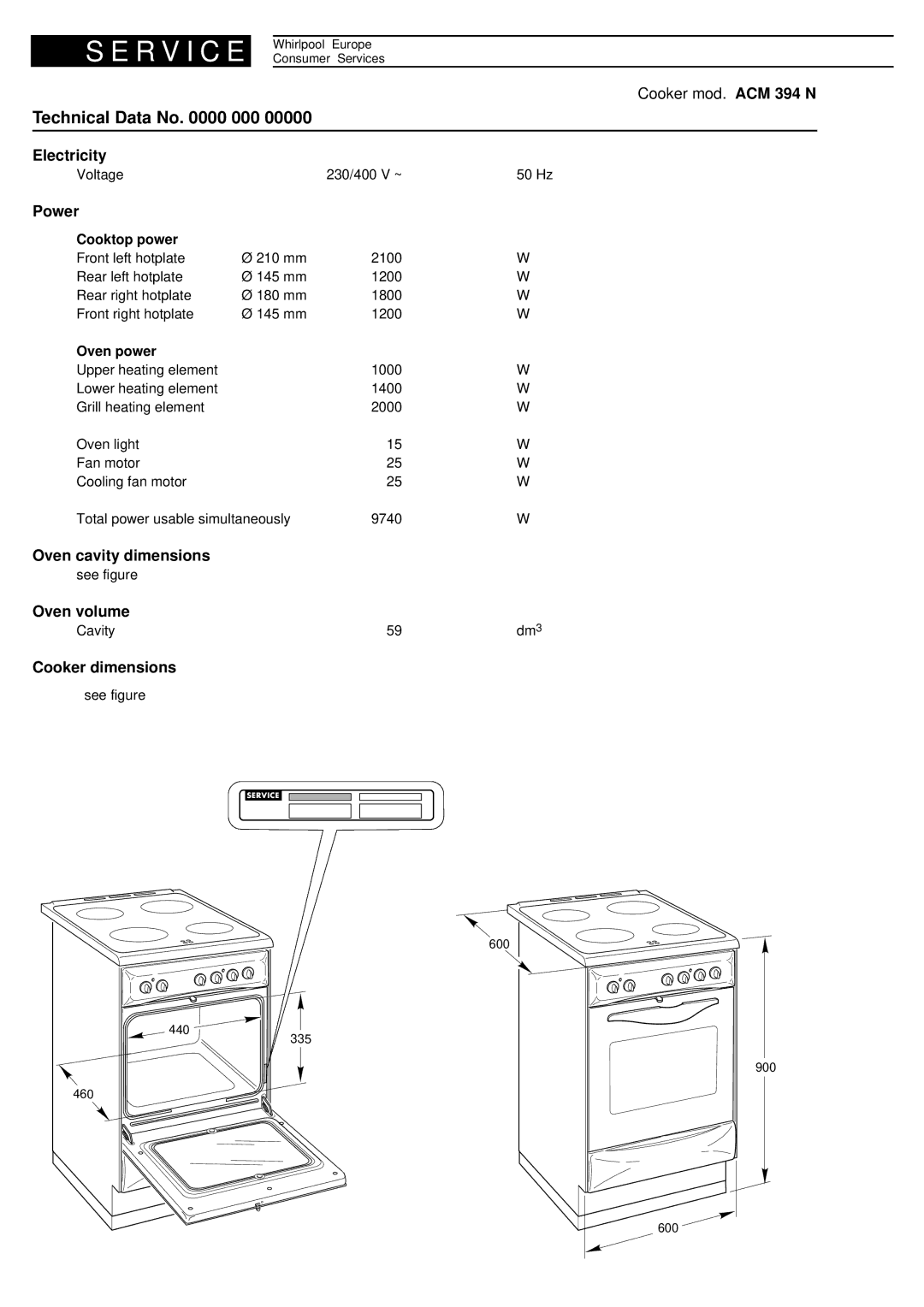 Whirlpool ACM 394 N service manual Technical Data No 000 