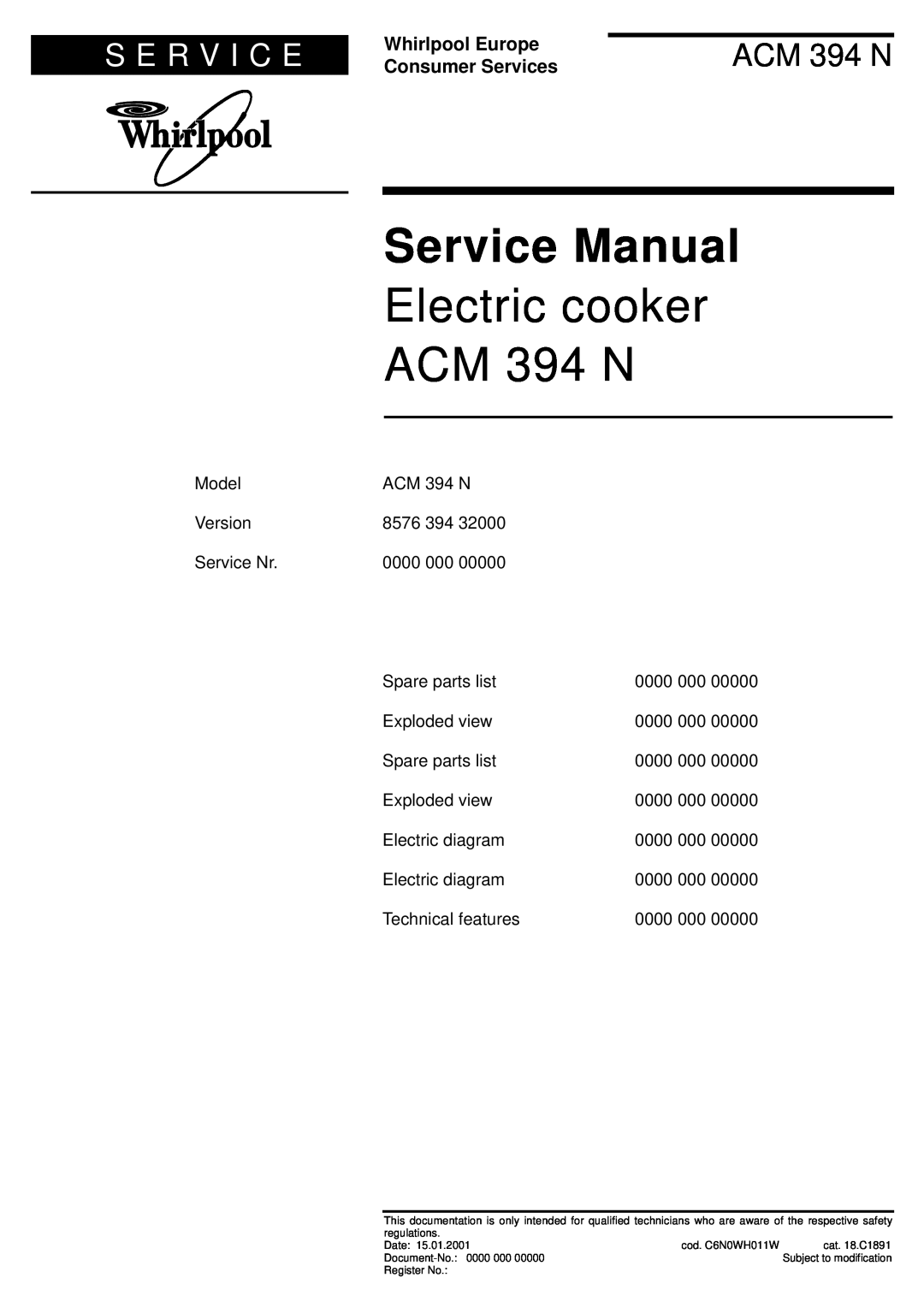 Whirlpool service manual Electric cooker ACM 394 N, S E R V I C E, Whirlpool Europe Consumer Services 