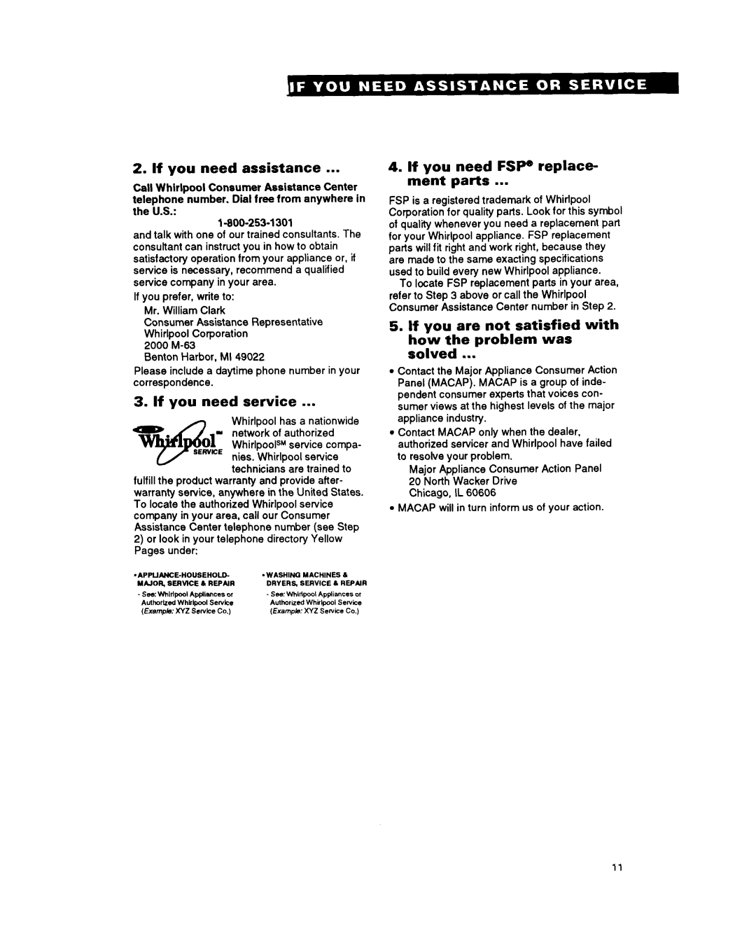 Whirlpool ACM052 warranty If you need assistance, Service, If you need FSP replace- ment parts 