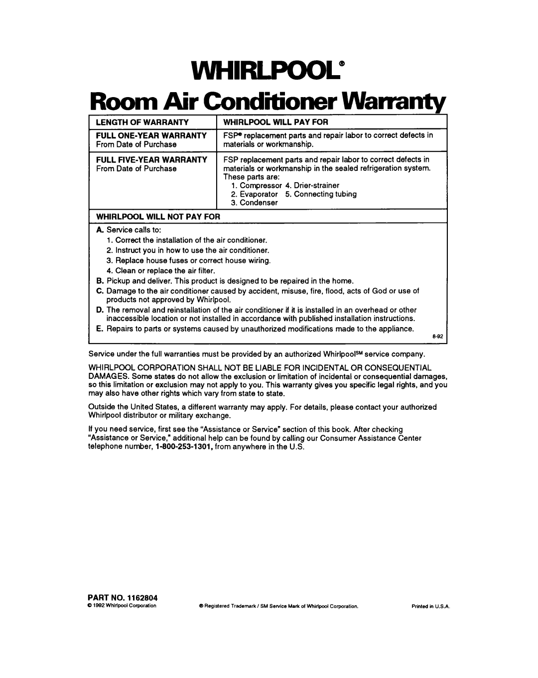 Whirlpool ACM052 warranty WHlRLpooL, Room Air Conditioner Warranty 