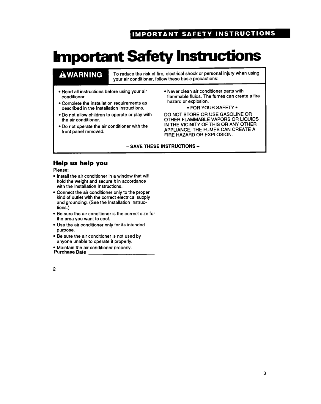 Whirlpool ACM052 warranty Help us help you, Imtaortant-- - .- -- ----- Safblw- -~~ -I lnstmctions 