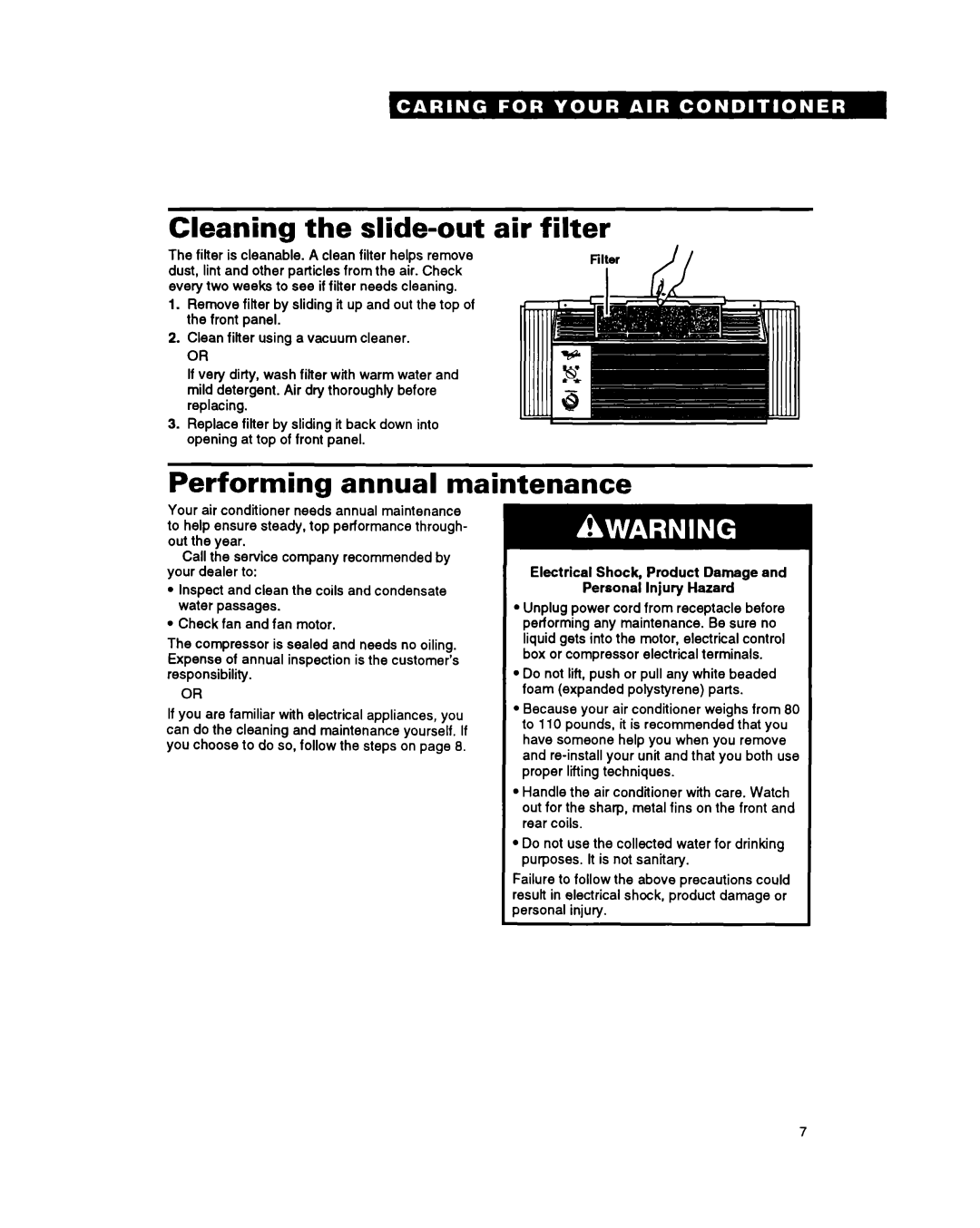 Whirlpool ACM052 warranty Cleaning the slide-out air filter, Performing annual maintenance 