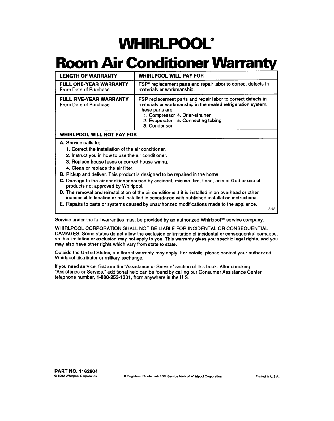 Whirlpool ACM052 warranty wHlRLpooL”, Room Air Conditioner Warranty 