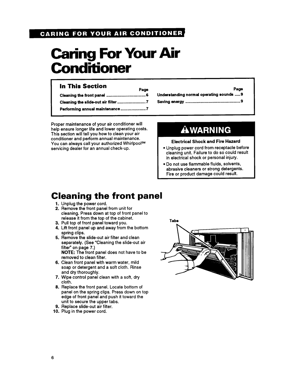 Whirlpool ACM052 warranty Caring For Your Air Conditioner, Cleaning the front panel, PageI, I In This Section 