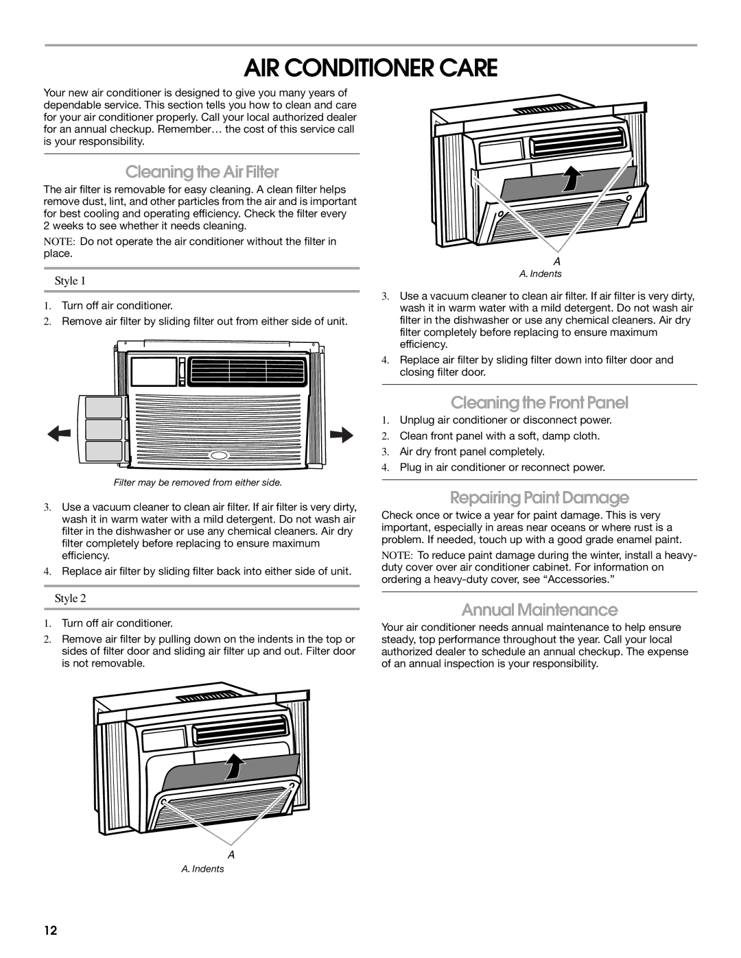 Whirlpool ACM052PS0 manual AIR Conditioner Care, Cleaning the Air Filter, Cleaning the Front Panel, Repairing Paint Damage 